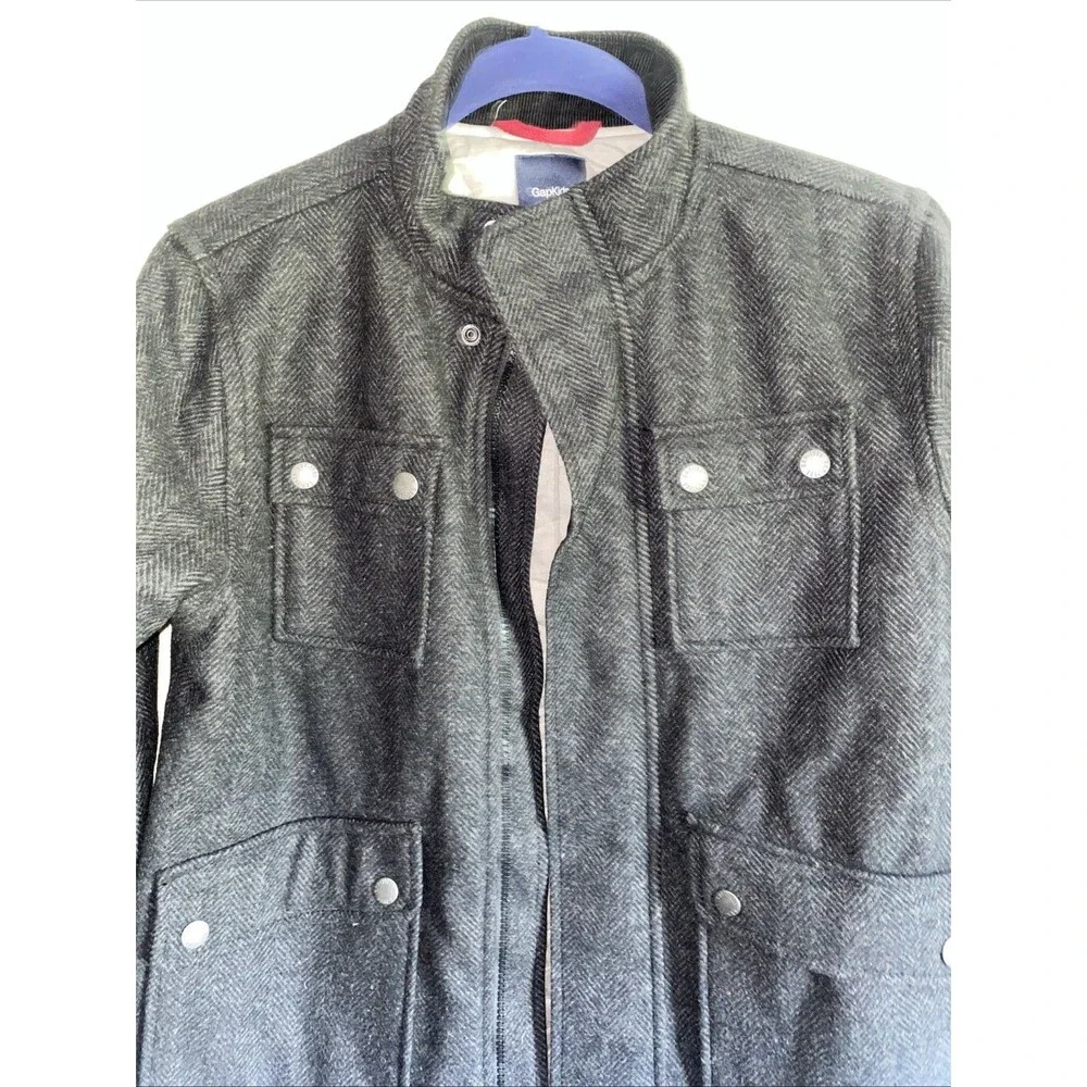 Gap Kids Wool Blend Parka Grunt Herringbone Jacket Full Zip Charcoal L Preppy